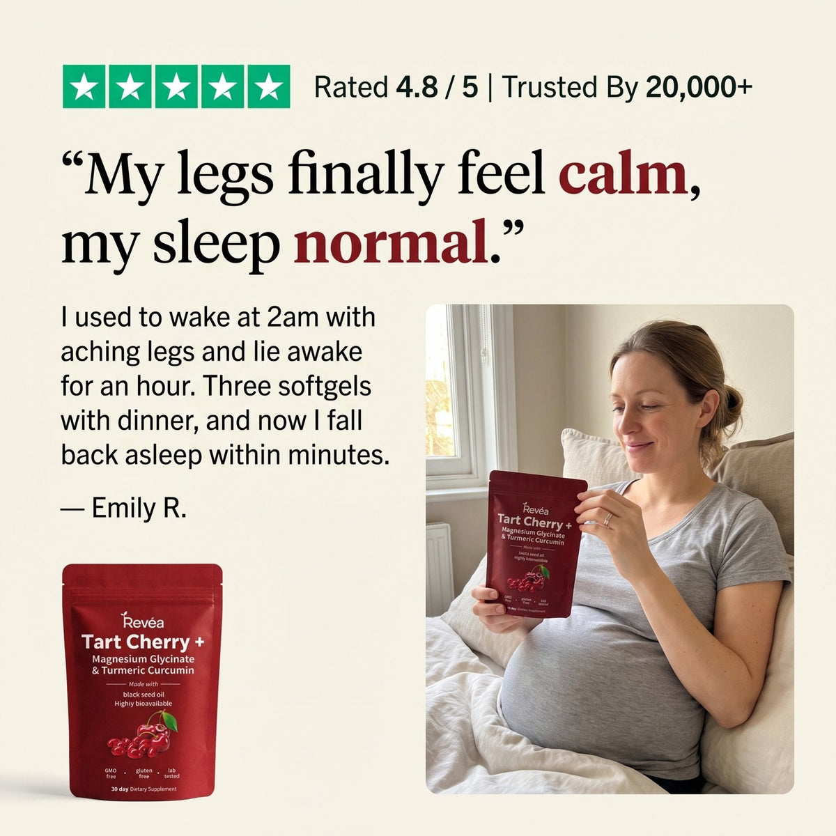 Customer review – Emily R. – Revéa Tart Cherry + Magnesium Softgels