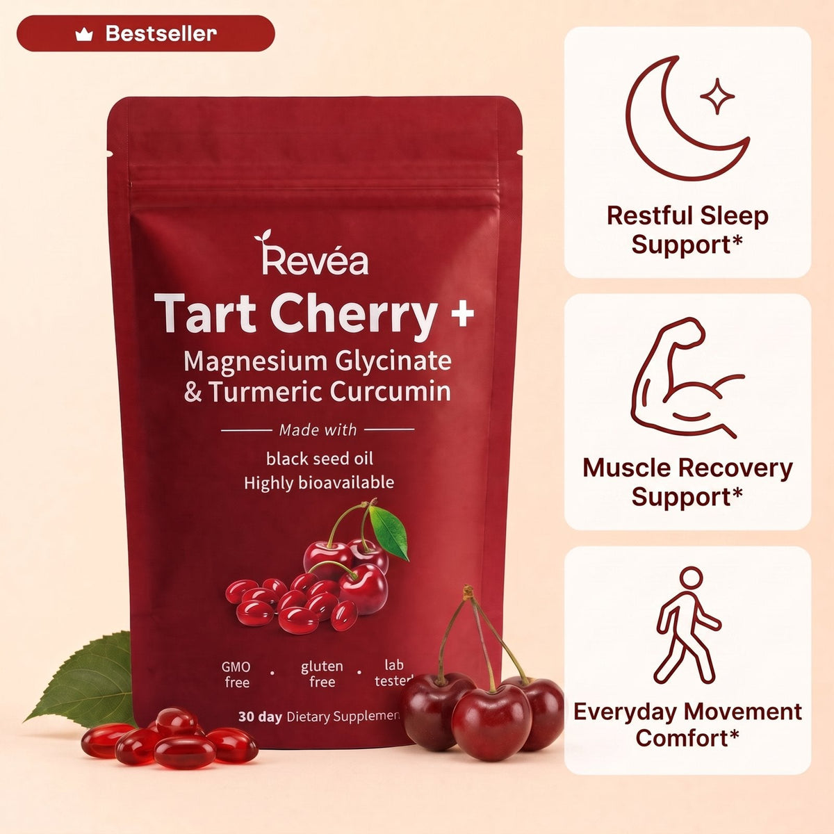 Revéa Cold Pressed Tart Cherry + Magnesium Softgels – restful sleep support, muscle recovery support, everyday movement comfort