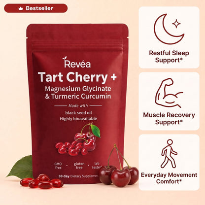 Revéa Cold Pressed Tart Cherry + Magnesium Softgels – restful sleep support, muscle recovery support, everyday movement comfort