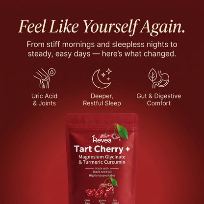 Feel like yourself again – Revéa Tart Cherry + Magnesium Glycinate & Turmeric Curcumin softgels