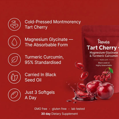 Cold-pressed Montmorency tart cherry, magnesium glycinate, turmeric curcumin, black seed oil – 3 softgels a day