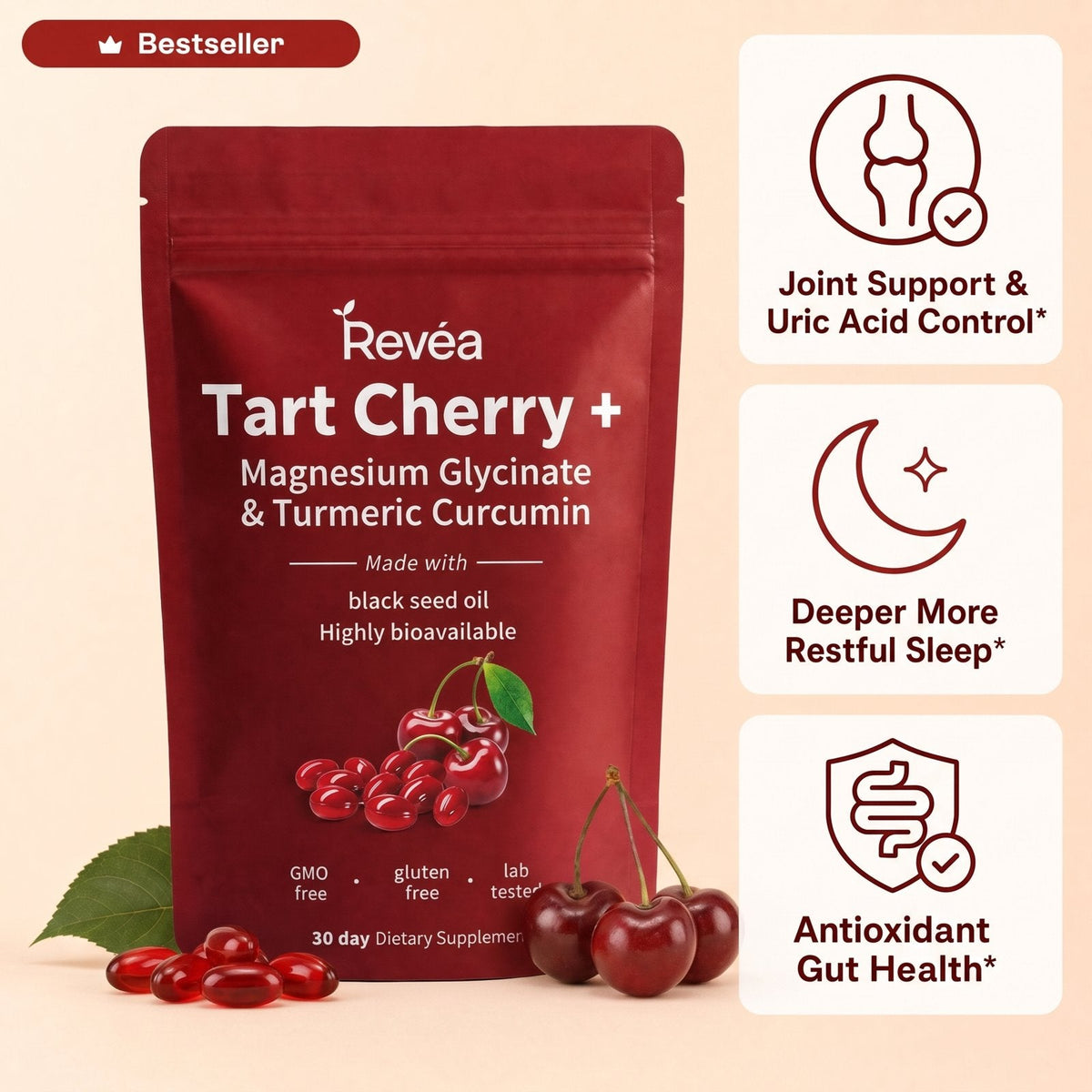 Revéa Cold Pressed Tart Cherry Softgels – joint support & uric acid control, deeper sleep, antioxidant gut health