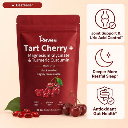 Revéa Cold Pressed Tart Cherry Softgels – joint support & uric acid control, deeper sleep, antioxidant gut health