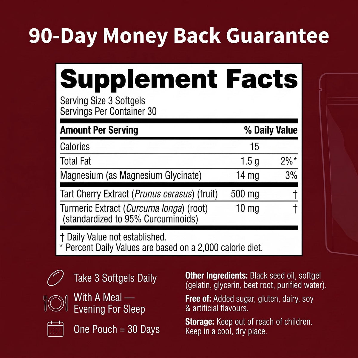 Supplement Facts – Revéa Cold Pressed Tart Cherry Softgels – 90-day money back guarantee