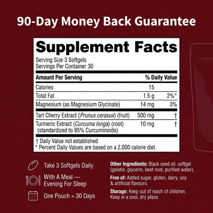 Supplement Facts – Revéa Cold Pressed Tart Cherry Softgels – 90-day money back guarantee